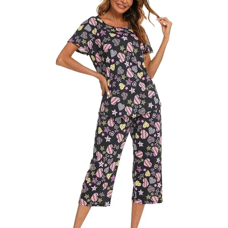 Sleepwear Tops With Capri Pants Set