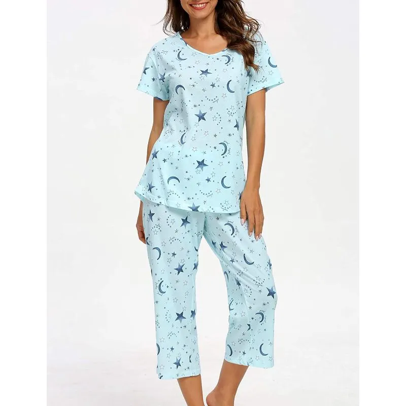 Sleepwear Tops With Capri Pants Set