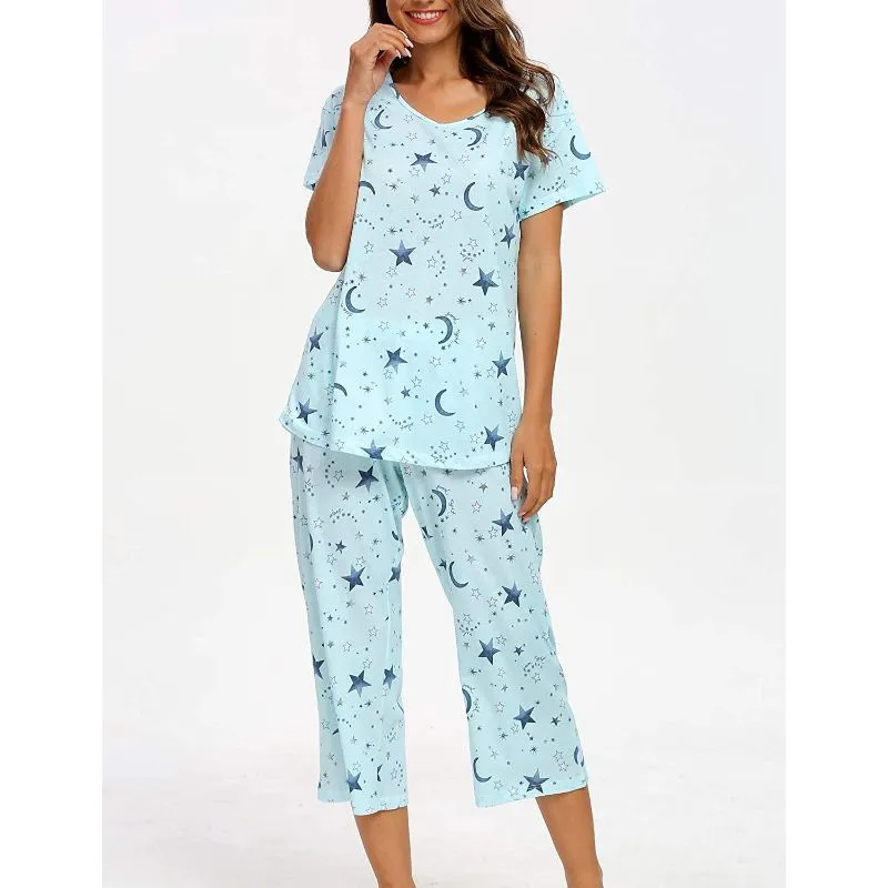 Sleepwear Tops With Capri Pants Set