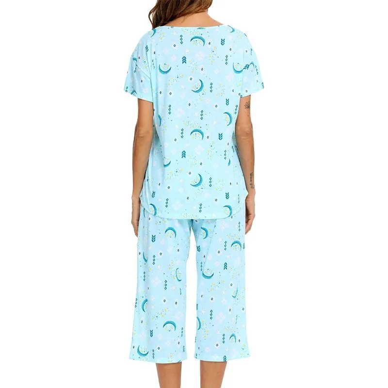 Sleepwear Tops With Capri Pants Set