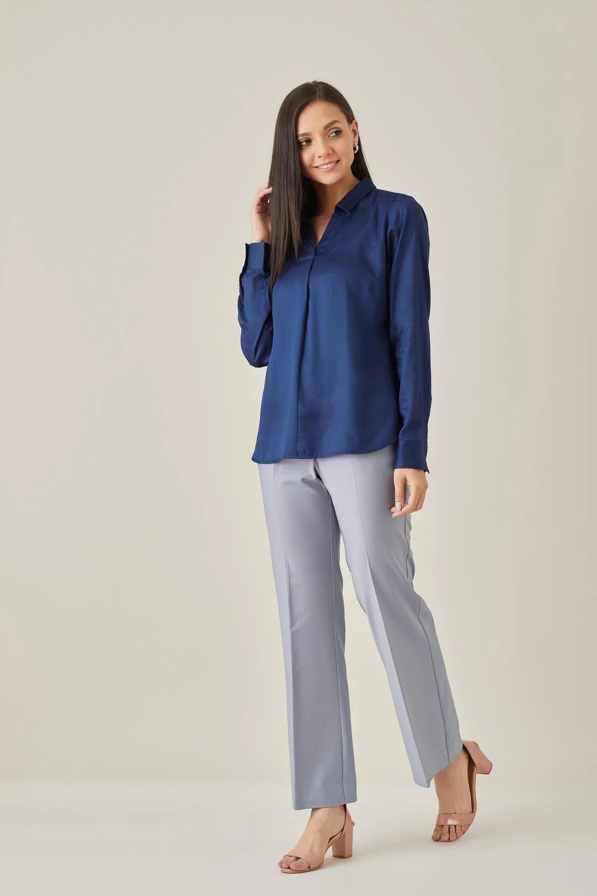 Solid Blue Satin Front Pleat Blouse