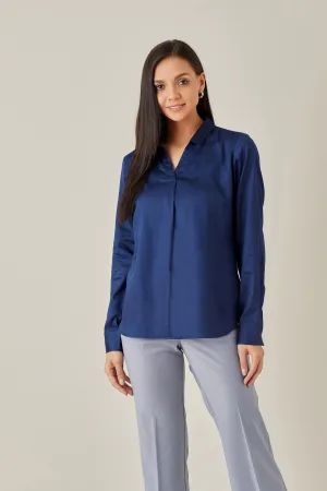 Solid Blue Satin Front Pleat Blouse