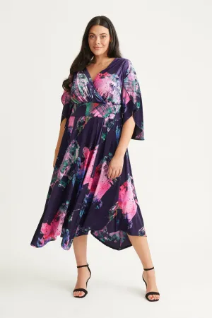 Soraya Navy Pink Velvet Hanky Hem Vintage Kimono Dress