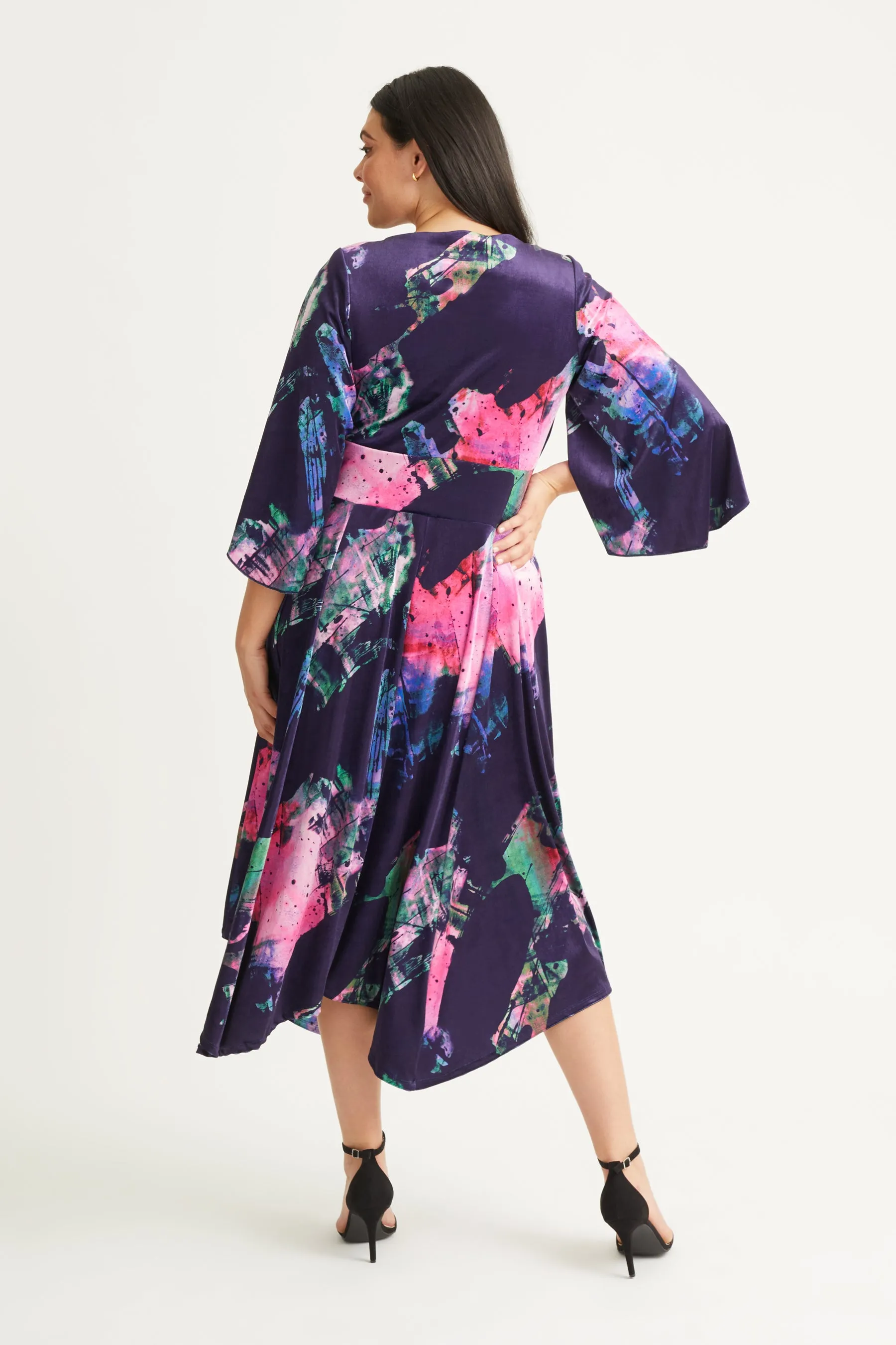 Soraya Navy Pink Velvet Hanky Hem Vintage Kimono Dress