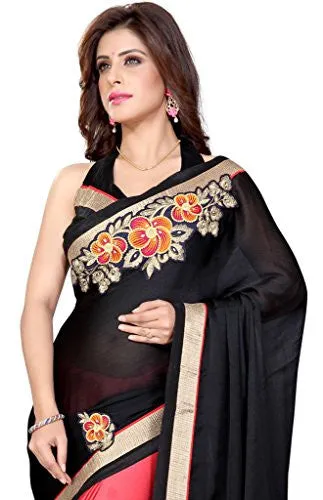 Sourbh Women's Chiffon Saree (490_Black,Peach)