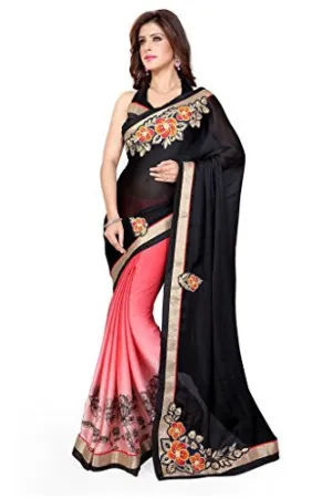 Sourbh Women's Chiffon Saree (490_Black,Peach)