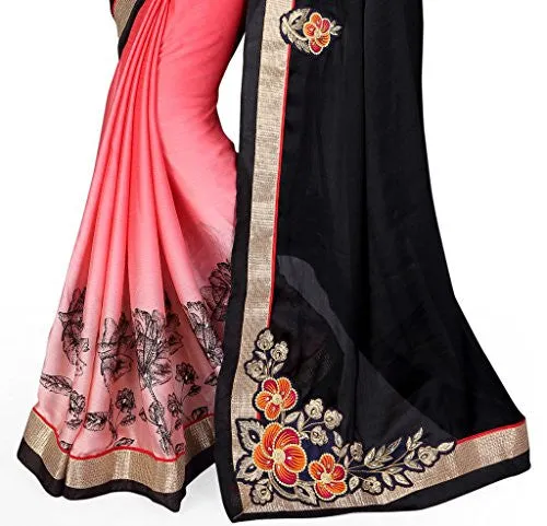 Sourbh Women's Chiffon Saree (490_Black,Peach)