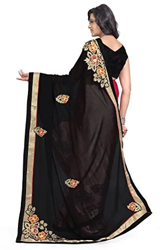 Sourbh Women's Chiffon Saree (490_Black,Peach)