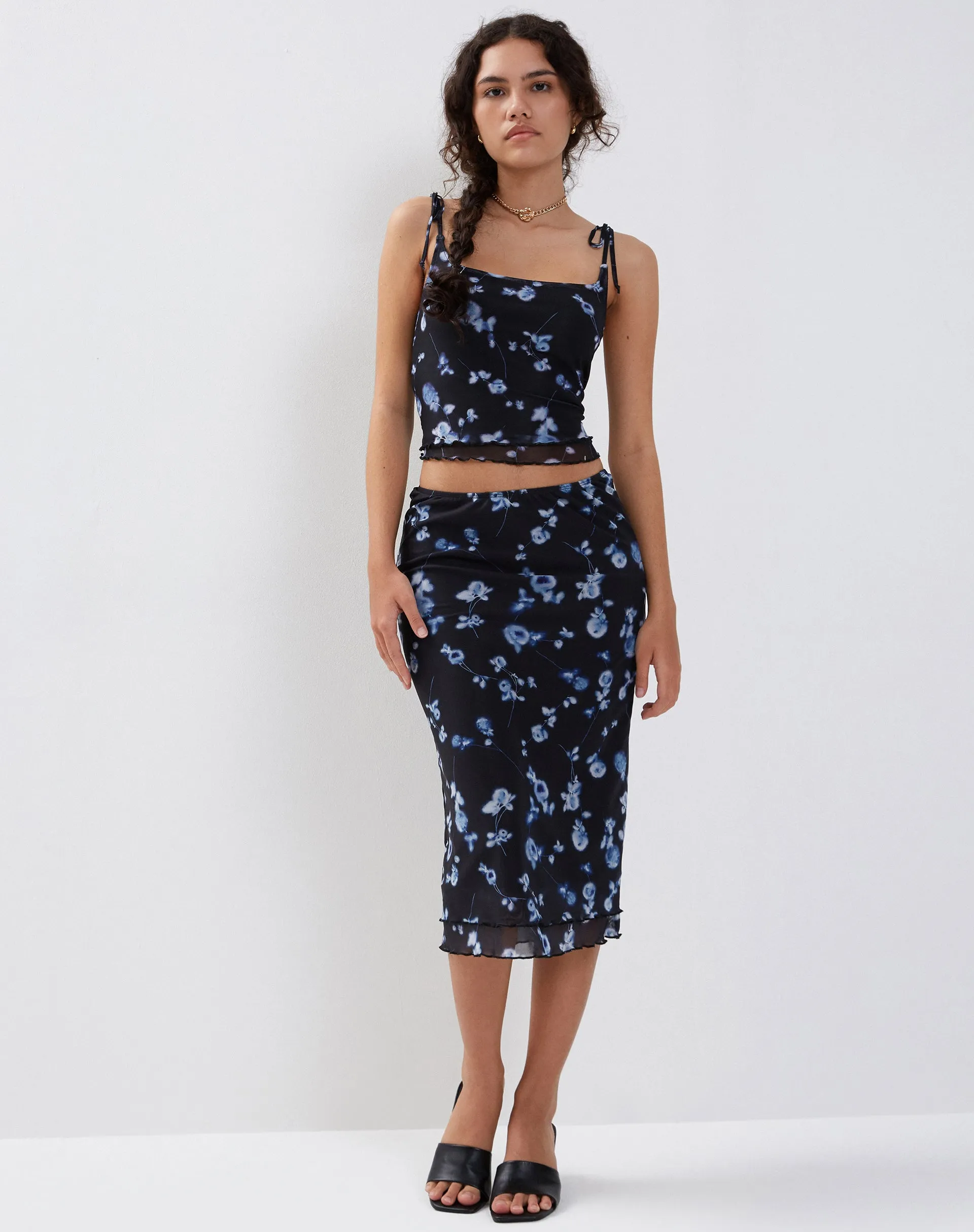 Tamari Tie Detail Mesh Vest Top in Diffused Floral Navy