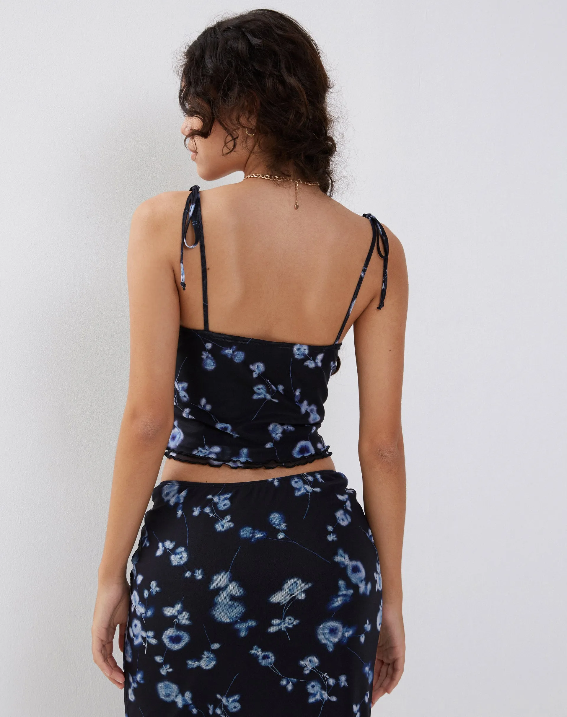 Tamari Tie Detail Mesh Vest Top in Diffused Floral Navy