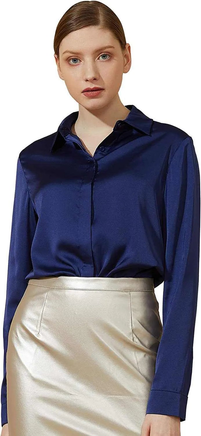 Trendy Women Casual Work Office Silk Shirts Blouse Top