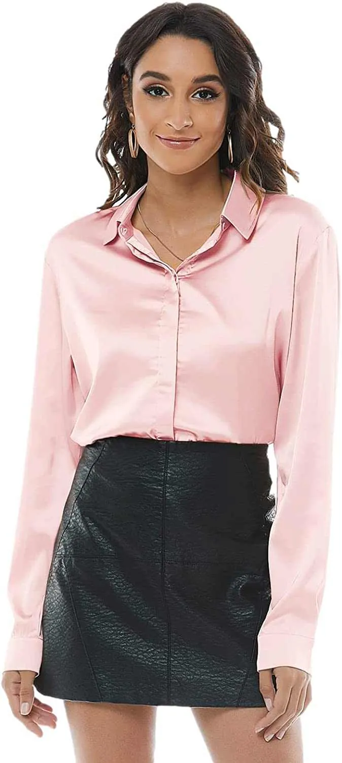 Trendy Women Casual Work Office Silk Shirts Blouse Top