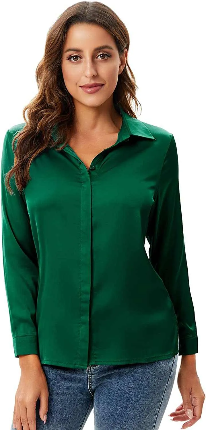 Trendy Women Casual Work Office Silk Shirts Blouse Top