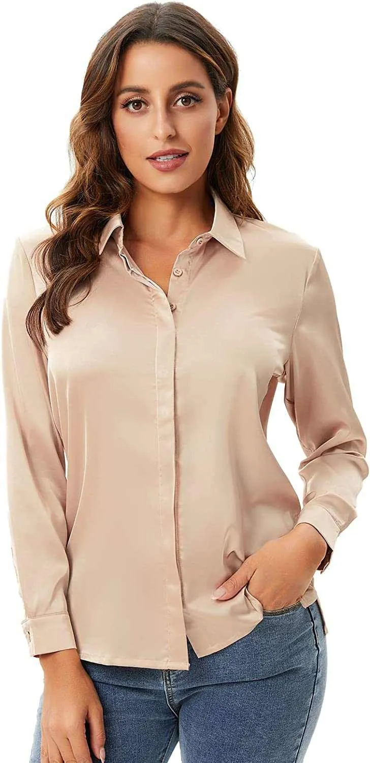 Trendy Women Casual Work Office Silk Shirts Blouse Top