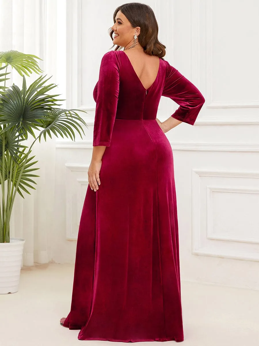 Velvet 3/4 Length Sleeve Illusion V-Neck Front Slit Evening Dress