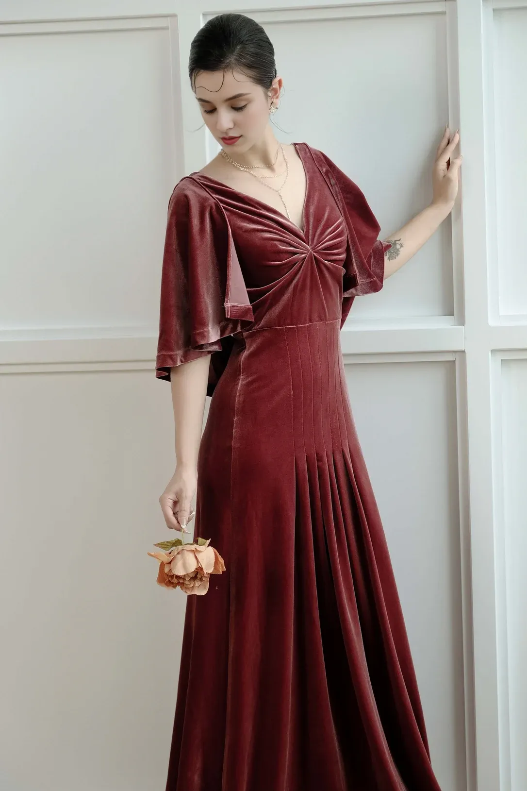 Velvet Cowl Back Bridesmaid Velvet Gown Evening Formal Dress Wedding Guest Dress