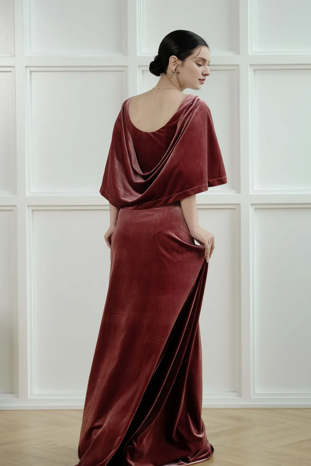 Velvet Cowl Back Bridesmaid Velvet Gown Evening Formal Dress Wedding Guest Dress