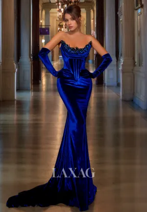 Velvet Royal Blue Winter Long Formal Evening Dress Trumpet&Mermaid Strapless Prom Dress