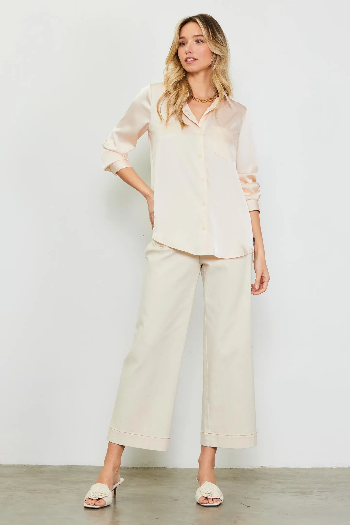 Vivian Satin Button Down Collared Blouse - Oatmilk