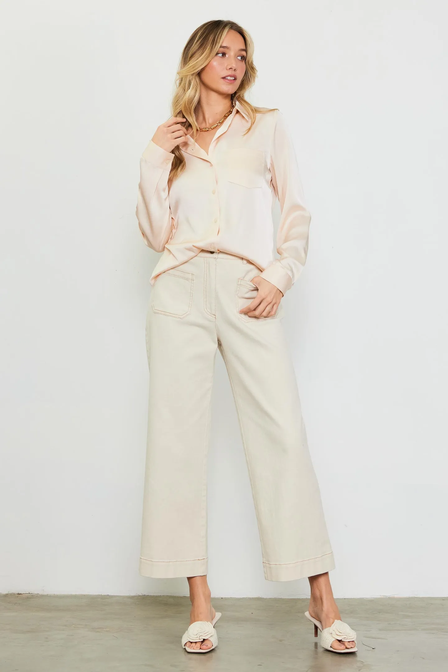 Vivian Satin Button Down Collared Blouse - Oatmilk