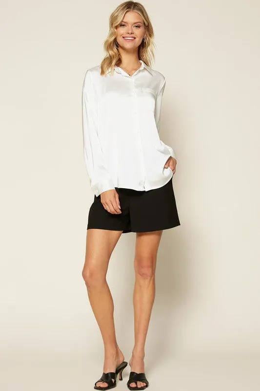 Vivian Satin Button Down Collared Blouse - Pearl