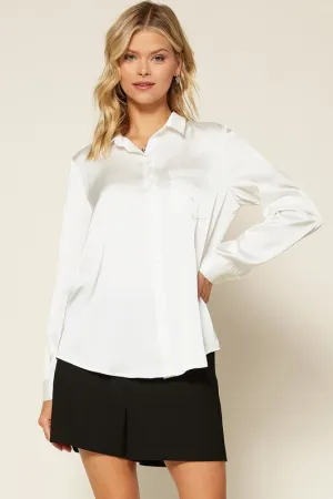 Vivian Satin Button Down Collared Blouse - Pearl