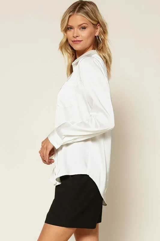 Vivian Satin Button Down Collared Blouse - Pearl