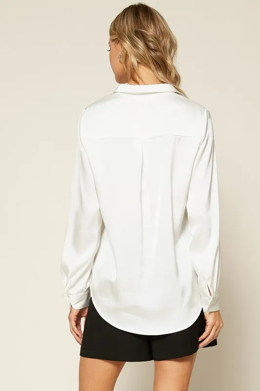 Vivian Satin Button Down Collared Blouse - Pearl