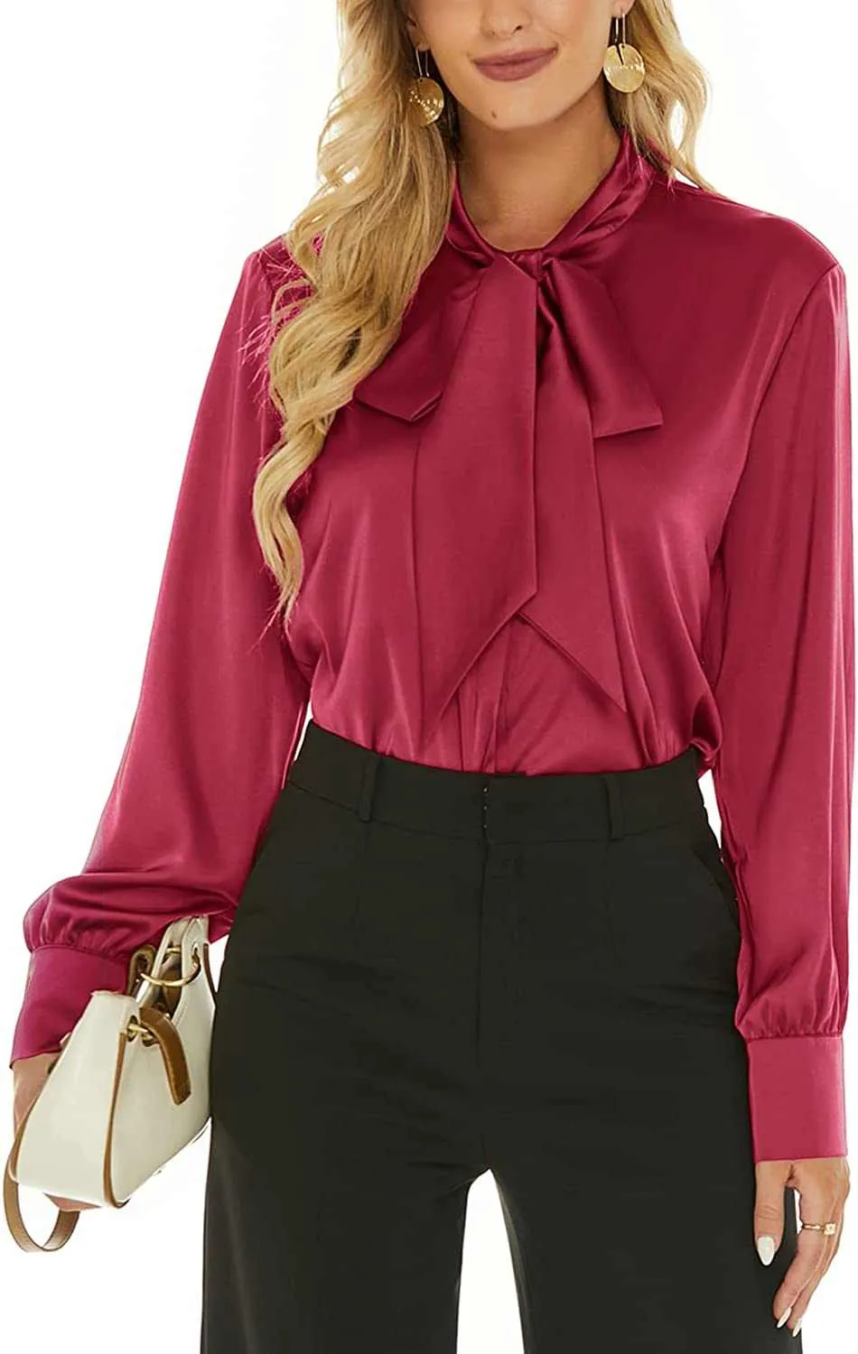 Women Casual Office Work Bow Tie Silk Shirts Top