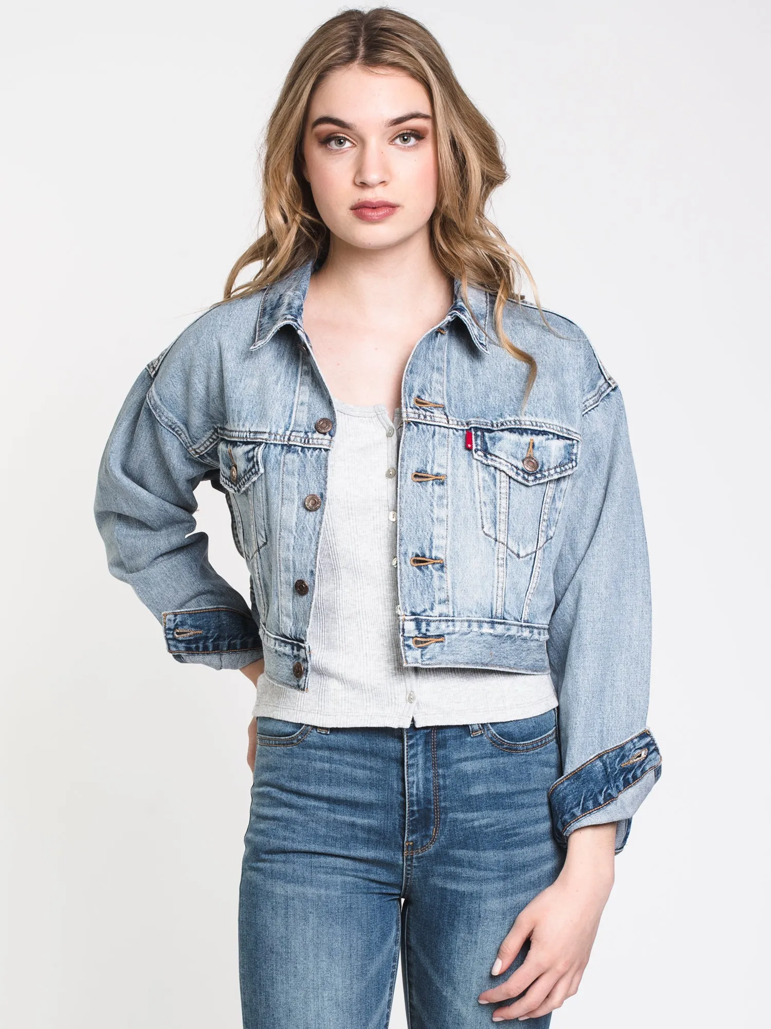 WOMENS CROP DAD TRUCKER JACKET - DENIM - CLEARANCE