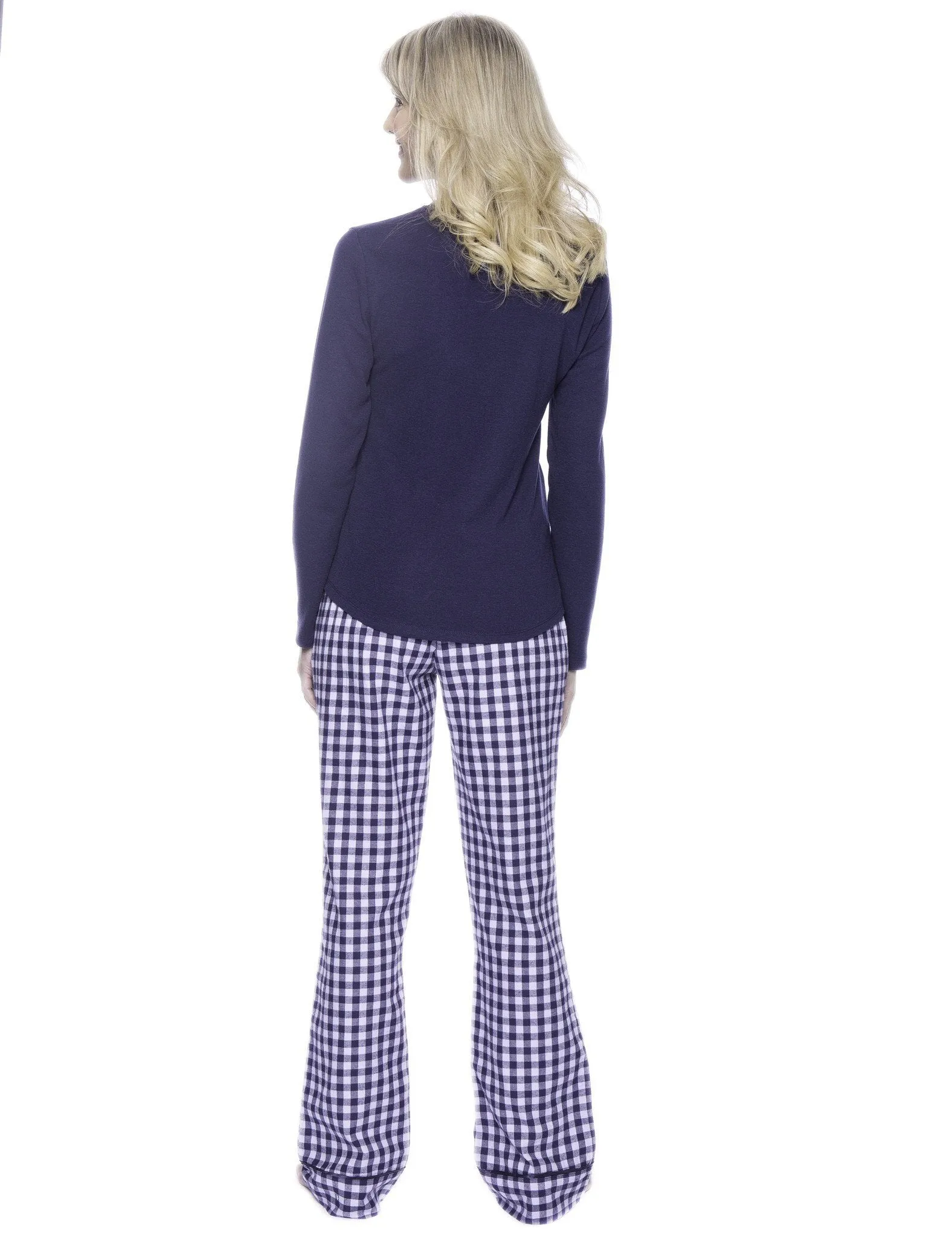 Womens Premium 100% Cotton Flannel Loungewear Set - Gingham Blue/Heather