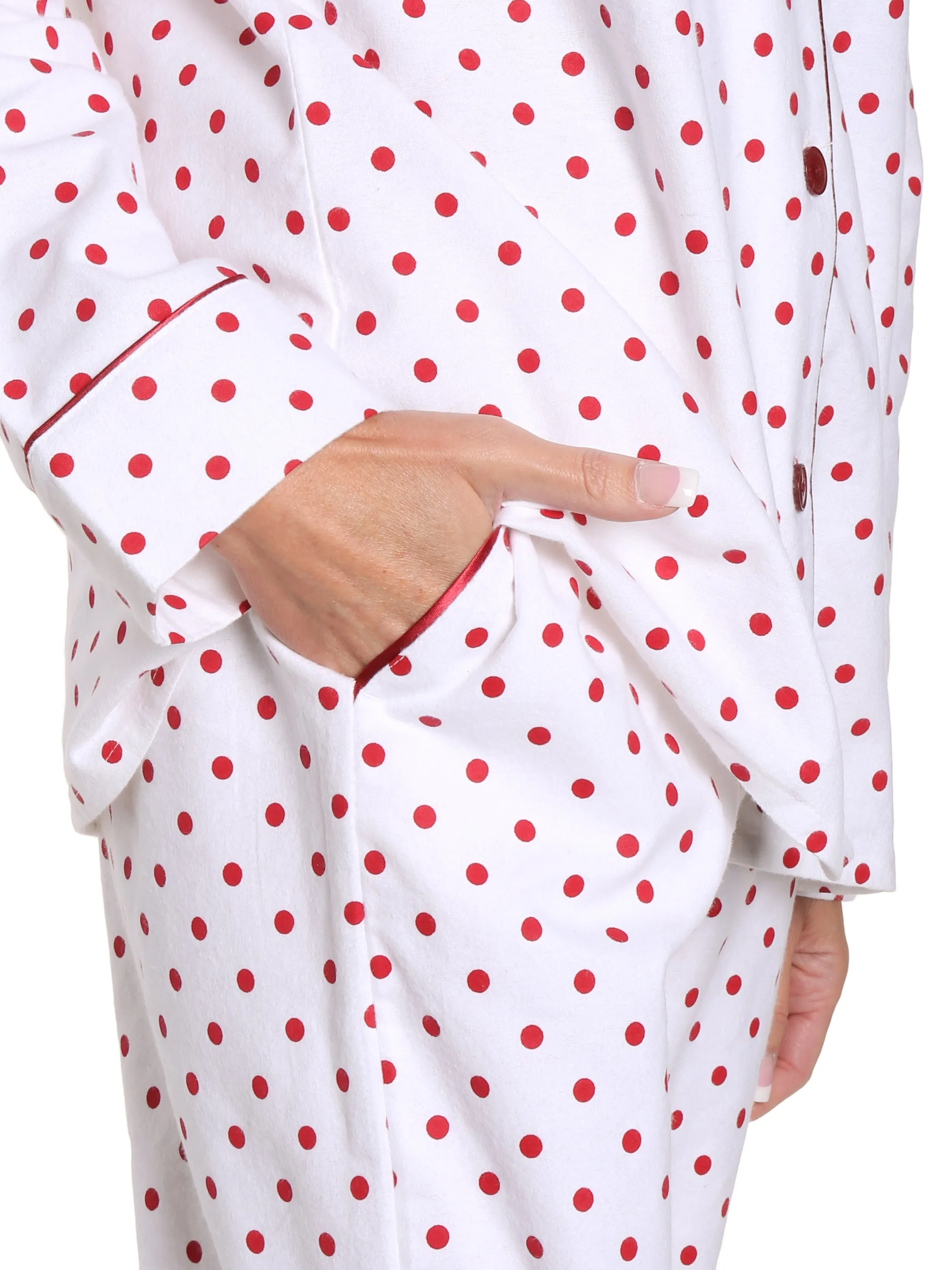 Womens Premium 100% Cotton Flannel Pajama Sleepwear Set - Dots Diva White-Red