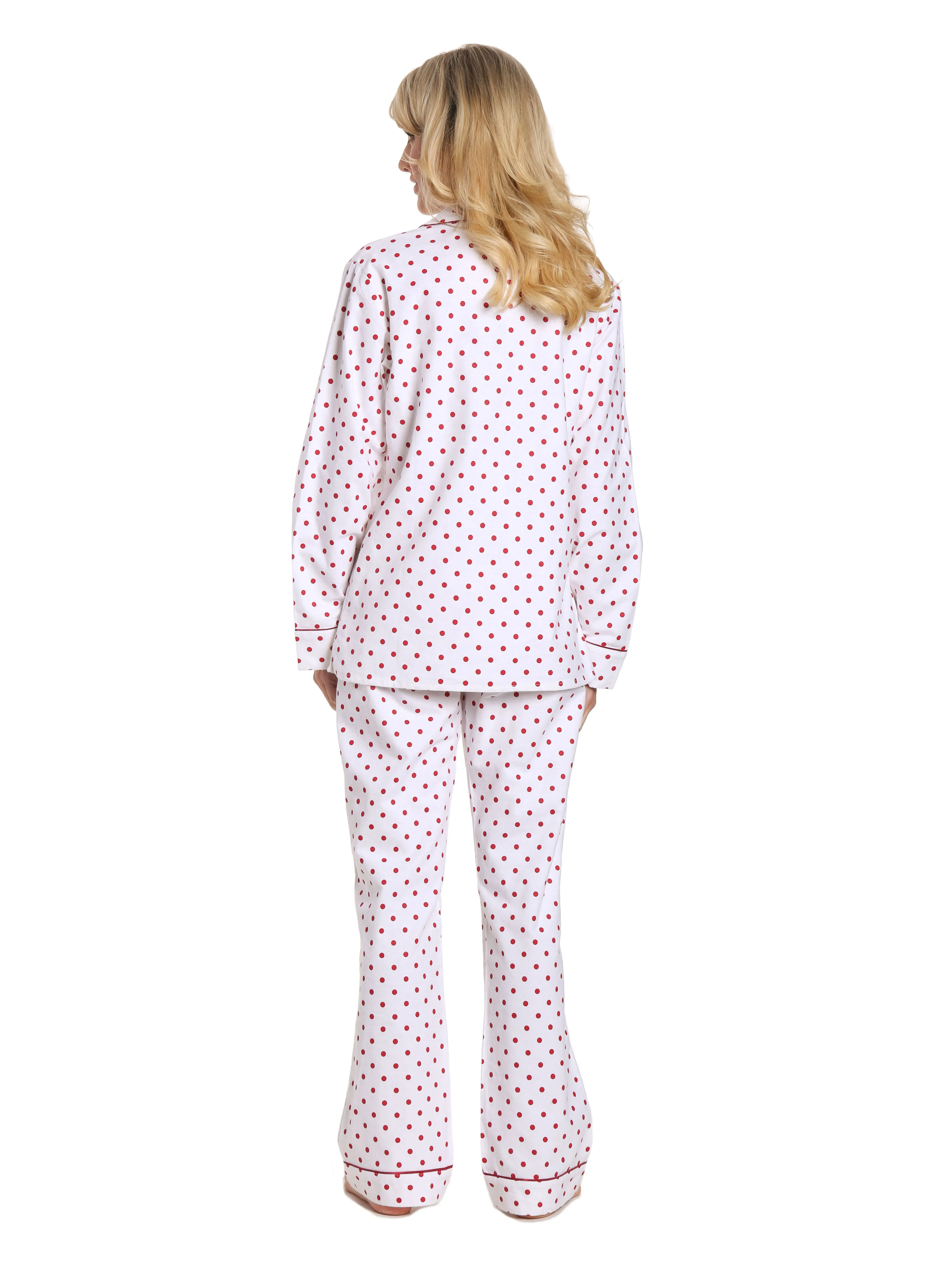 Womens Premium 100% Cotton Flannel Pajama Sleepwear Set - Dots Diva White-Red