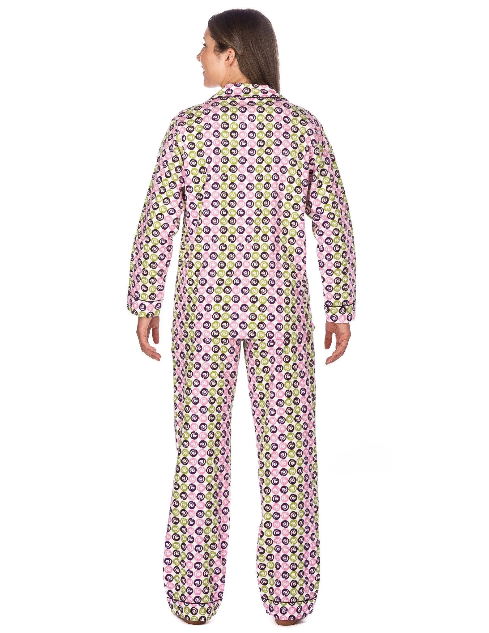 Women's Premium 100% Cotton Flannel Pajama Sleepwear Set (Relaxed Fit) - Swirly Daze - Purple/Green