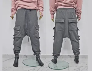 XS - 8XL AW Zipper Sarrouel Relaxed Cargo Pants , Cotton Sweat,New Assasin Men Fleece Flap Zip Joggers, Drop-Crotch Trousers, Comfy Plus