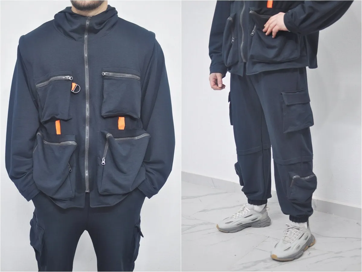 XS-8XL Men's Loose Utility Jogging Tracksuit,Detachable Cargo Waistcoat Pockets Jacket,Buckle Pants Hip Hop,MultiFunctional,CyberPunk- BB272