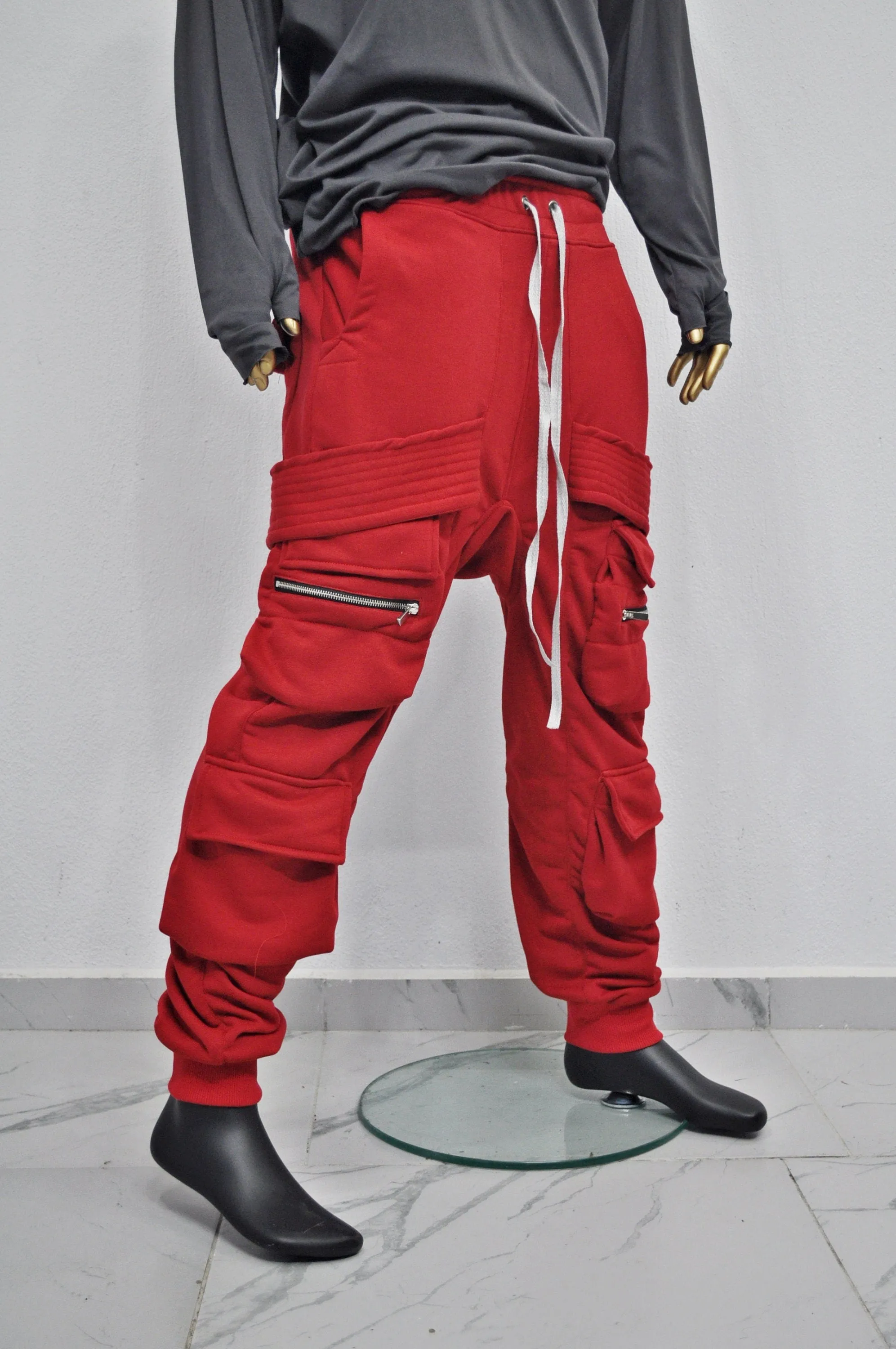 XS - 8XL New Assasin Men Cotton Fleece Flap Zip Sarrouel Joggers, Drop-Crotch Trousers, Soft and Comfy Handmade Plus size, Tech Ninja -BB300