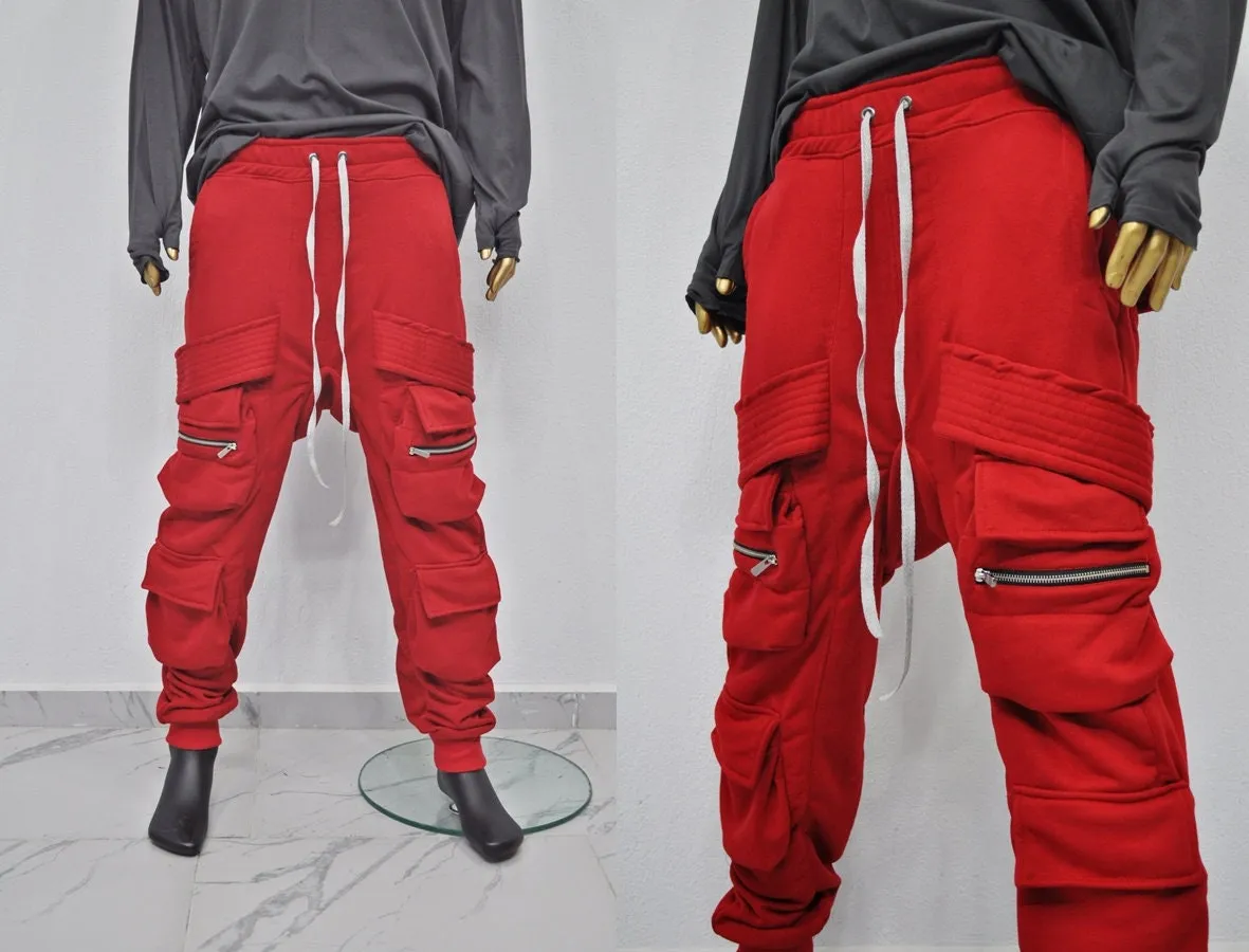 XS - 8XL New Assasin Men Cotton Fleece Flap Zip Sarrouel Joggers, Drop-Crotch Trousers, Soft and Comfy Handmade Plus size, Tech Ninja -BB300